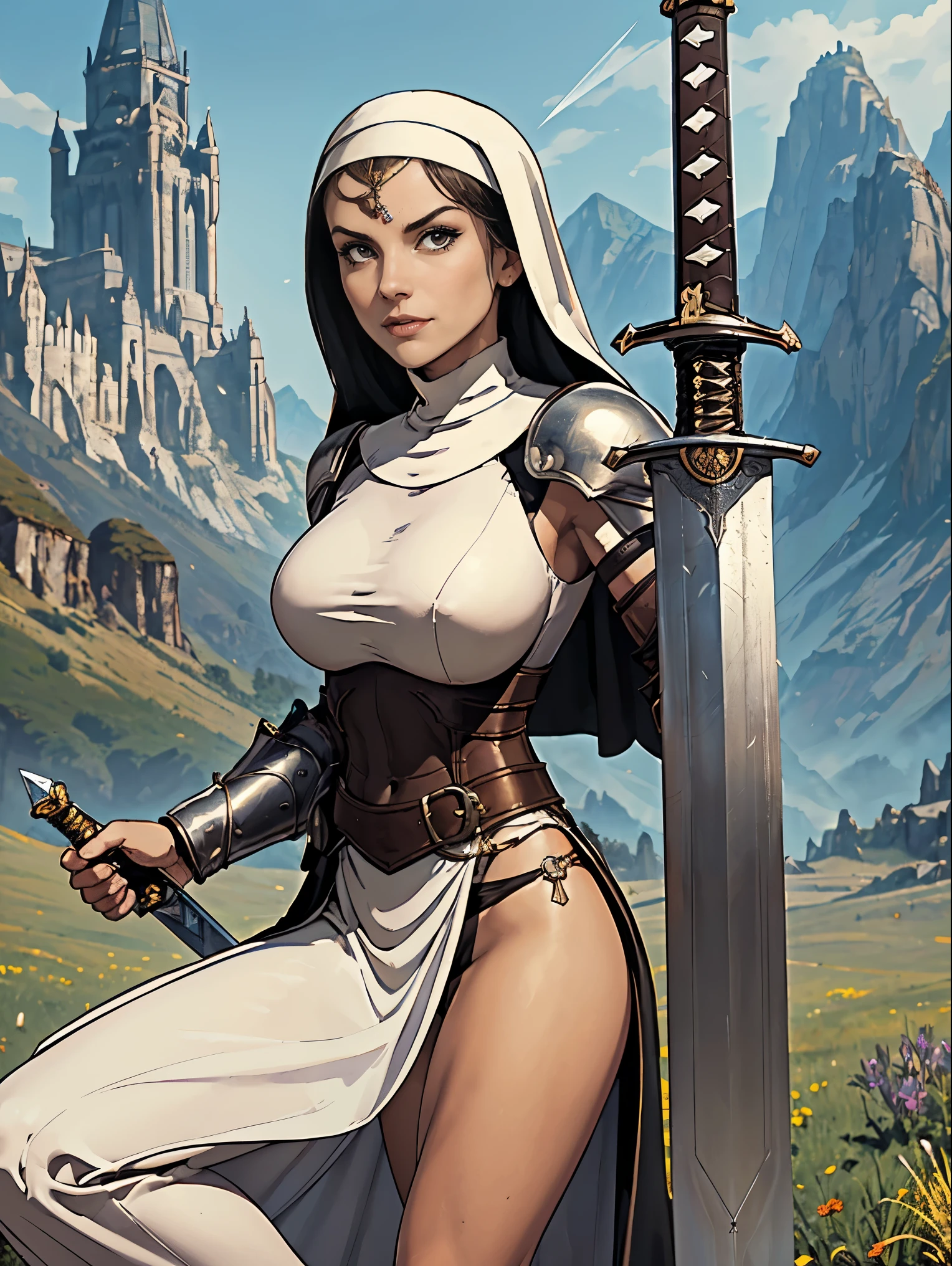 (masterpiece, top quality, best quality, official art, beautiful and aesthetic:1.2), (1girl:1.3), ((Sharp facial features, sharp features, hawkish features)), ((fair skin, brown eyes)), busty brunette paladin knight girl, extremely detailed, portrait, looking at viewer, solo, (full body:0.6), detailed background, full-body shot, (warm mountain meadow theme:1.1), holy knight, (nun), charlatan, smirk, mysterious, swaying in mountains, armor, polished metal, gold trim, long boots, white fabric, pelvic curtain, robe, pale leather, ((((nun, radiant aura, sword, light armor, armored, long legs, pelvic curtain, toned, muscular)))), slim waist, slim hips, long legs, medieval (mountain exterior:1.1) background, dark mysterious lighting, shadows, magical atmosphere, dutch angle
