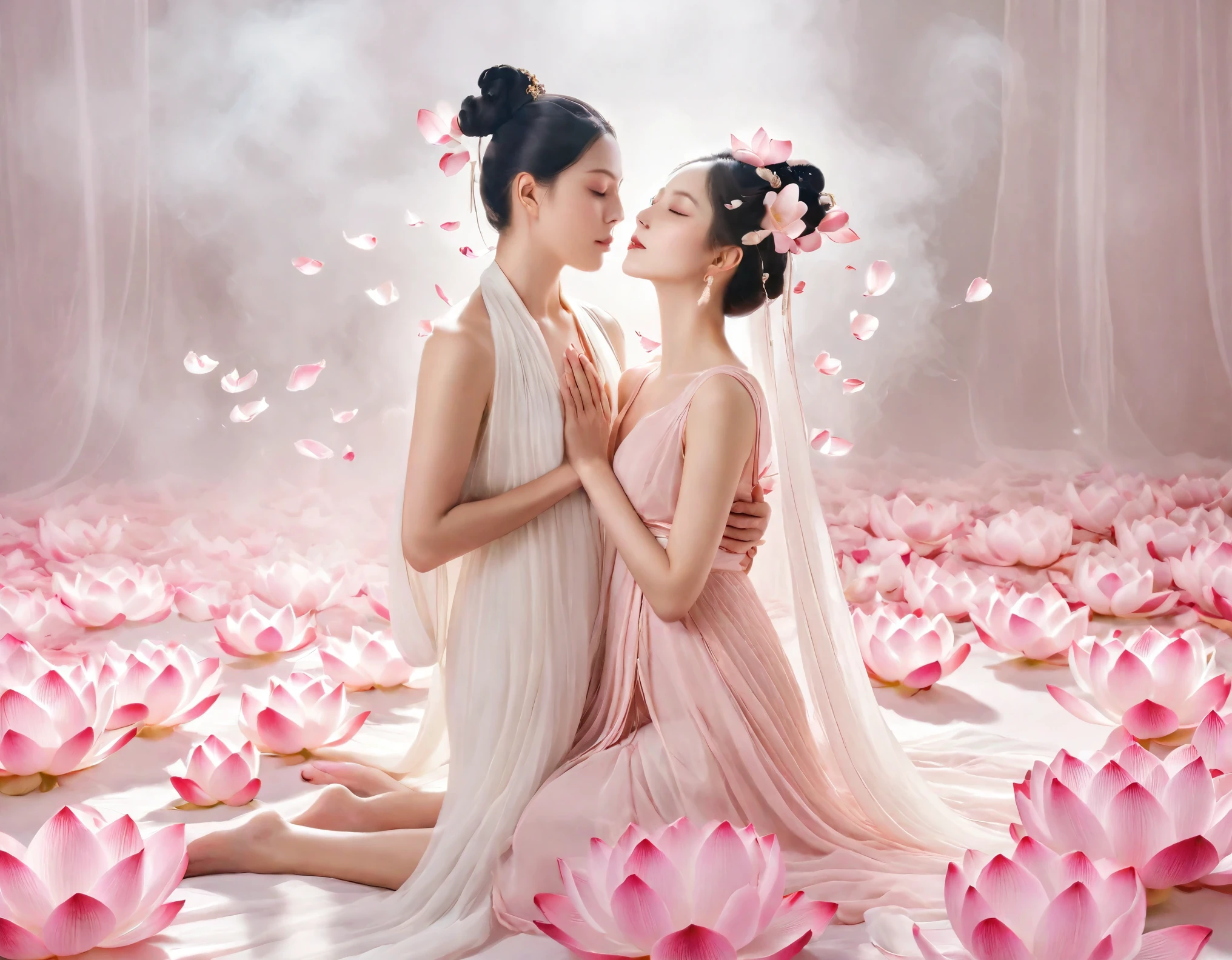 Light pink and light white tones,full bodyesbian,  white backgrounid, Natural lighting, Efeito de Luz, minimalist, Elegant, pure tenderness, softlighting, realisticlying. A couple who are (clavicle, bshoulders,) posing on a (pray and stand) A super giant lotus with large and long petals (Petals are made of thin, soft gauze fabric, Full background of flowing petals, floating petal, super flying petals, Smoke effect mixed with petals), Lotus dress,((ssee-through)).