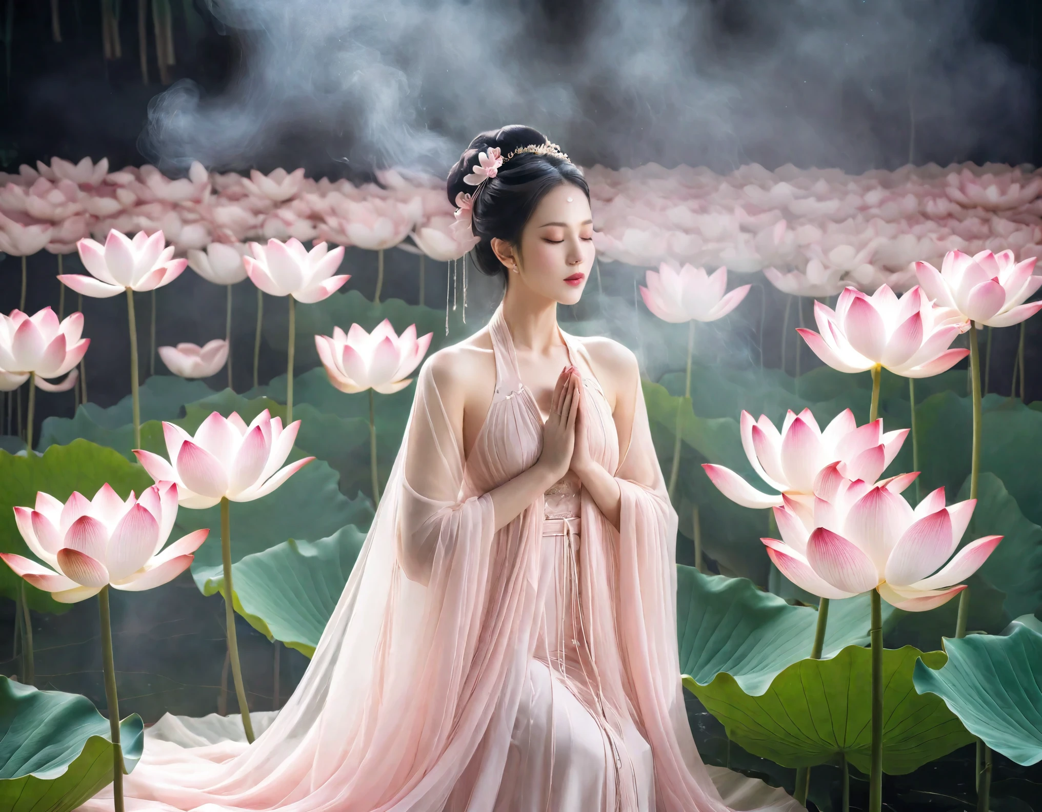 Light pink and light white tones,full bodyesbian,  white backgrounid, Natural lighting, Efeito de Luz, minimalist, Elegant, pure tenderness, softlighting, realisticlying. A couple who are (clavicle, bshoulders,) posing on a (pray and stand) A super giant lotus with large and long petals (Petals are made of thin, soft gauze fabric, Full background of flowing petals, floating petal, super flying petals, Smoke effect mixed with petals), Lotus dress,((ssee-through)).