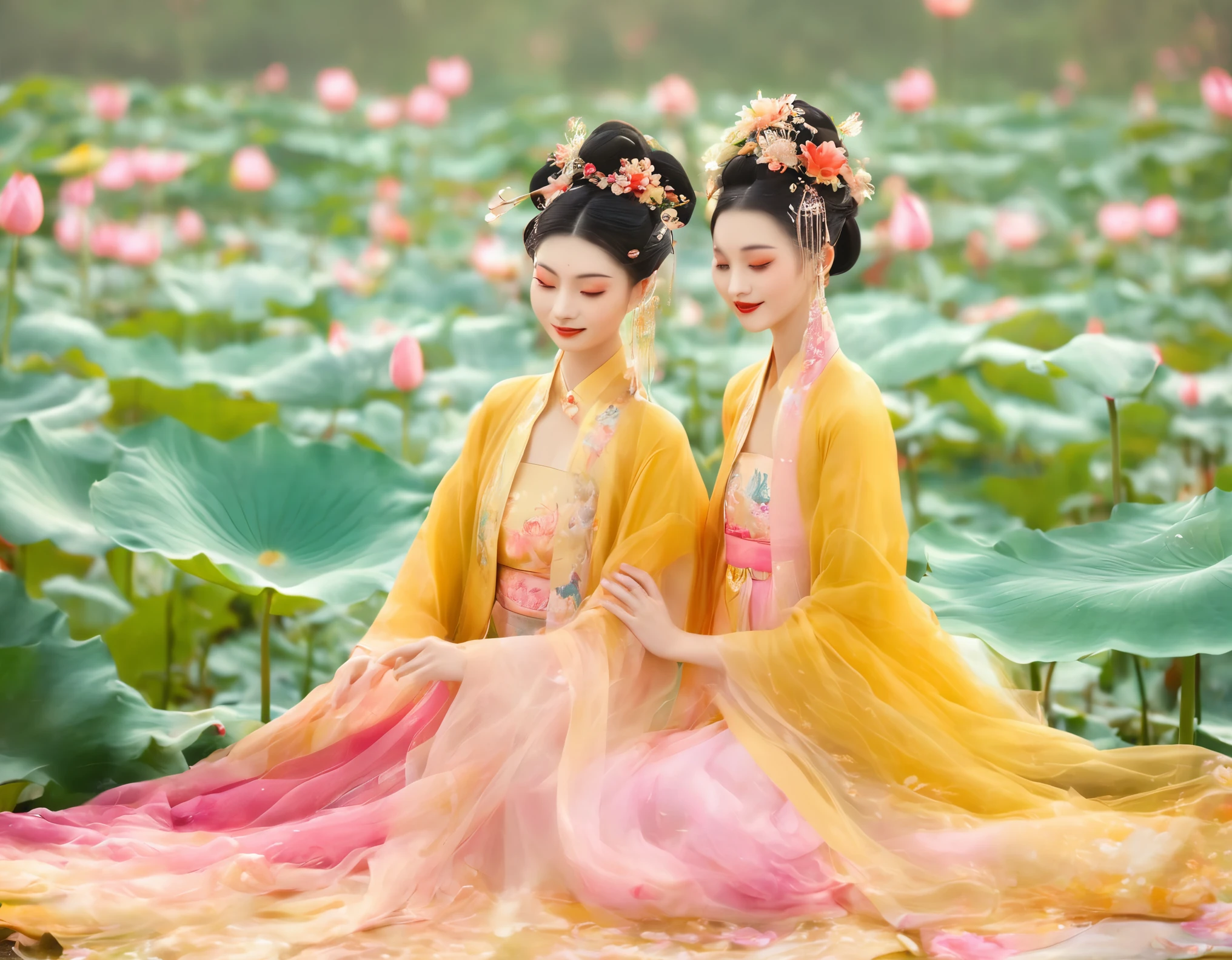 (best quality,4k,8k,highres,masterpiece:1.2),ultra-detailed,(realistic,photorealistic,photo-realistic:1.37),Couple,xianxia,lotus flower,group photo,vivid colors,physically-based rendering,sharp focus,professional,portraits,landscape,beautiful detailed eyes,beautiful detailed lips,extremely detailed eyes and face,longeyelashes,traditional xianxia outfits,golden lotus flowers blooming in the background,serene and peaceful scenery,soft, warm lighting,subtle glow illuminating the couple,faint mist adding mystical ambiance,centuries-old ancient architecture,elaborate hairstyles adorned with lotus accessories,graceful and joyful posture,perfect harmony between the couple,the couple surrounded by their loved ones,laughter and happiness filling the air,love and togetherness captured in a moment,rich textures and intricate patterns on their clothing,a picturesque scene that feels like a painting brought to life,a blend of traditional and modern elements,ethereal atmosphere,divine aura radiating from the couple,surrounded by vibrant nature,tranquil lake reflecting the beauty of the lotus flowers,crimson, pink, and golden hues creating a magical color palette,a scene that embodies the essence of xianxia culture,an enchanting and unforgettable memory immortalized in this group photo.