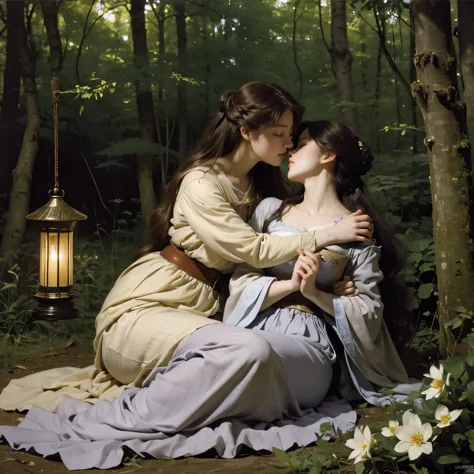 (highest quality, masterpiece, High resolution)、4K Anime Art、Soft Light、(Two women hugging and kissing in the forest、20-year-old...