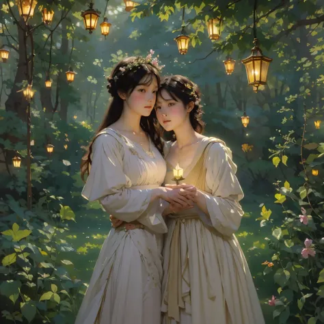 (highest quality, masterpiece, high resolution)、4k anime art、soft light、(two women hugging and kissing in the forest、20-year-old...