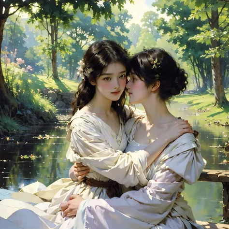 (highest quality, masterpiece, high resolution)、4k anime art、soft light、(two women hugging and kissing in the forest、20-year-old...