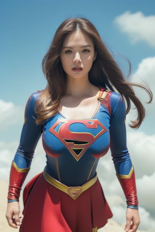 ((Supergirl Costume)）、(hyper-realistic、excellent、8K、​masterpiece:1.3), a korean girl, full body Esbian, (bulged and puffed huge breast : 1.2), hourglass Body, Slim abs, dark Brunette hair, silky long hair,  (Blue sky, white clouds: 1.3), Detailed adore face and skin texture, Detail Eye, double eyelid,