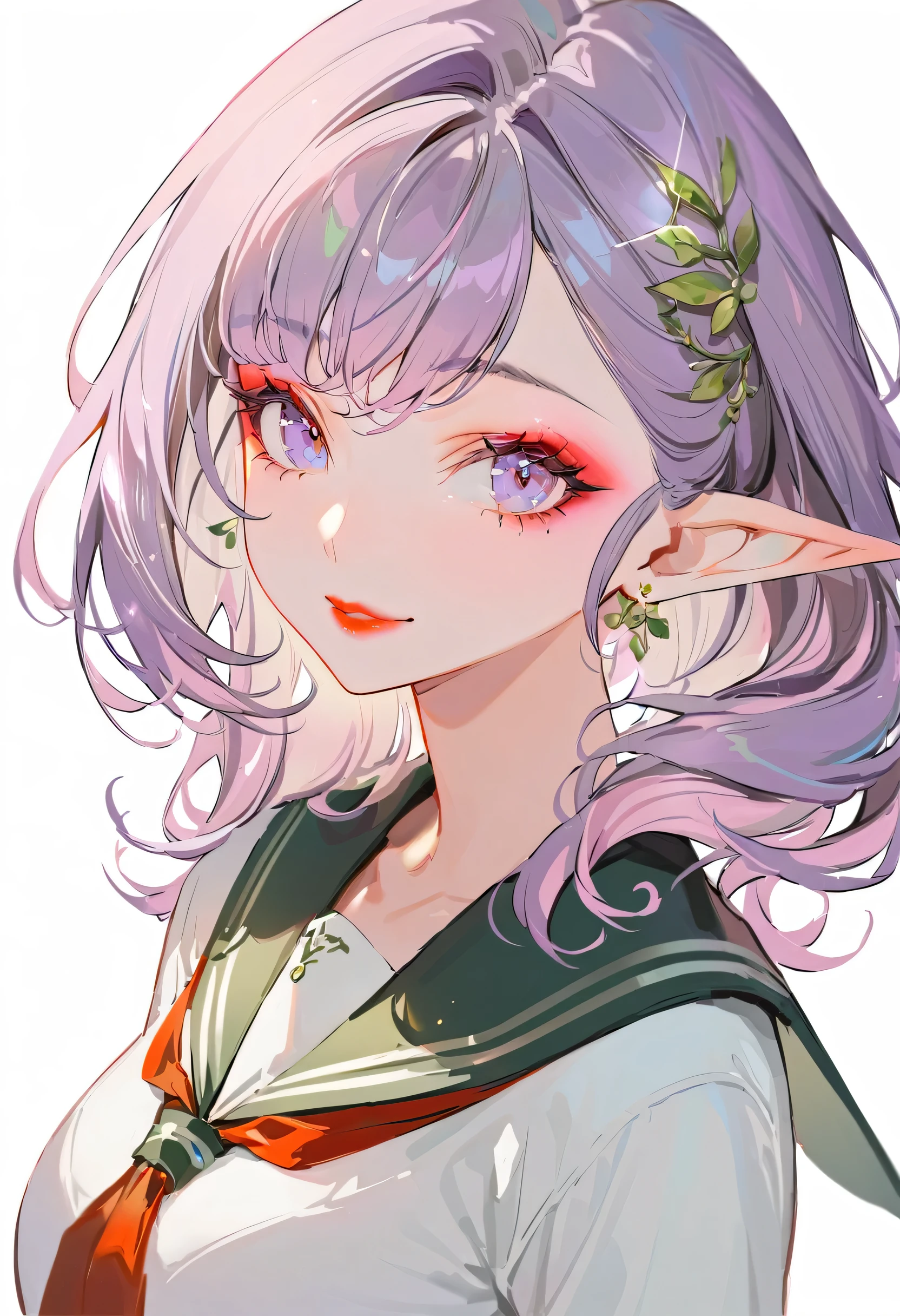 (best quality,ultra-detailed,highres:1.2),beautiful girl with flawless face,The cutest girl in the world,Exquisite makeup,purple eyes,makeup,eyelashes,lipstick,(tsurime:1.2),glint,seductive smile,serafuku,large breasts,purple hair,(elf:1.2),pointy ears,red eyeshadow