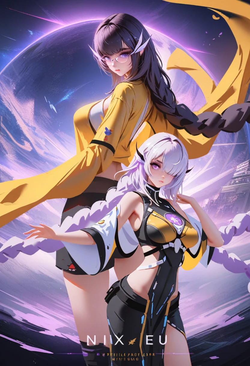 2girl, ((back to back pose)), (cryptic_g, purple eyes long hair, white clothes, braided hair, twintals, silver hair), (kirara, catgirl, black hair, short hair, yellow clothes, hair over one eyes, golden eyes, glasses), dark room, sci-fi, space ship, masterpiece, best quality, amazing quality, very aesthetic, absurdres, intricate details,  epic pose, sci-fi uniform, epic, movie poster, by nixeu, (by wlop:0.3), by rella