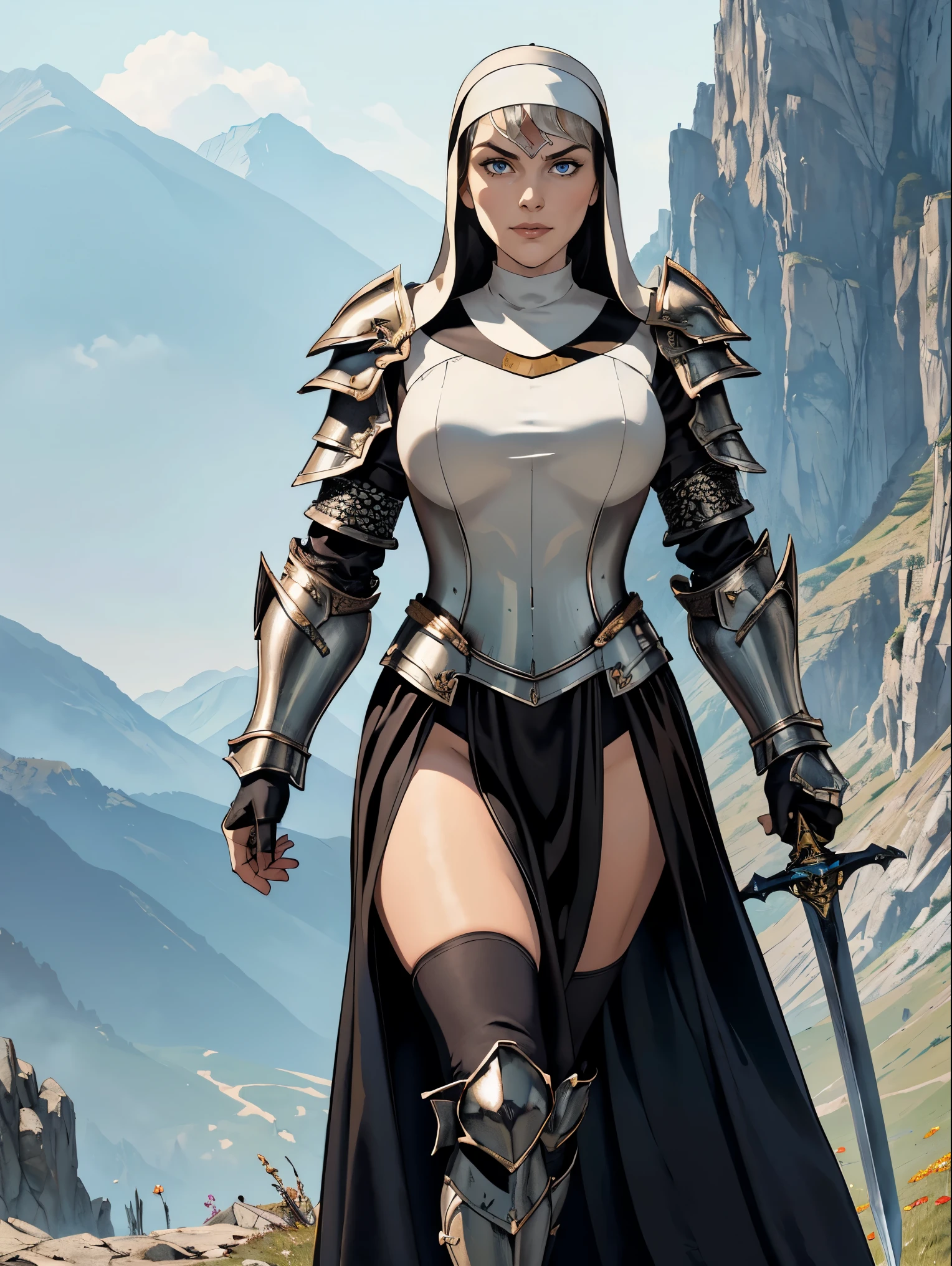 (masterpiece, top quality, best quality, official art, beautiful and aesthetic:1.2), (1girl:1.3), ((Sharp facial features, sharp features, hawkish features)), ((blue eyes)), busty brunette paladin knight girl, extremely detailed, portrait, looking at viewer, solo, (full body:0.6), detailed background, full-body shot, (warm mountain meadow theme:1.1), holy knight, (nun), charlatan, smirk, mysterious, swaying in mountains, armor, polished metal, gold trim, long boots, white fabric, pelvic curtain, robe, pale leather, ((((nun, greatsword, heavy armor, armored, long legs, pelvic curtain, toned, muscular)))), slim waist, slim hips, long legs, medieval (mountain exterior:1.1) background, dark mysterious lighting, shadows, magical atmosphere, dutch angle