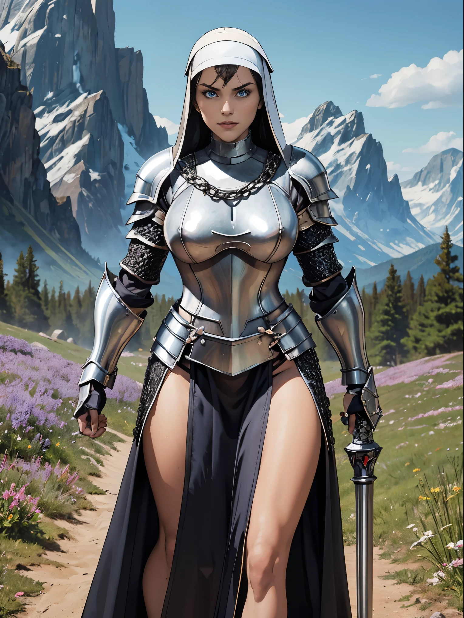 (masterpiece, top quality, best quality, official art, beautiful and aesthetic:1.2), (1girl:1.3), ((Sharp facial features, sharp features, hawkish features)), ((blue eyes)), busty brunette paladin knight girl, extremely detailed, portrait, looking at viewer, solo, (full body:0.6), detailed background, full-body shot, (warm mountain meadow theme:1.1), holy knight, (nun), charlatan, smirk, mysterious, swaying in mountains, armor, polished metal, gold trim, long boots, white fabric, pelvic curtain, robe, pale leather, ((((nun, holy aura, mace, heavy armor, armored, long legs, pelvic curtain, toned, muscular, chainmail)))), slim waist, slim hips, long legs, medieval (mountain exterior:1.1) background, dark mysterious lighting, shadows, magical atmosphere, dutch angle