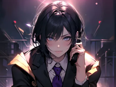 1female, teacher, wearing a black suit, purple tie, miniskirt, Thicc, black hair, short hair, glowing purple eyes, face to detai...