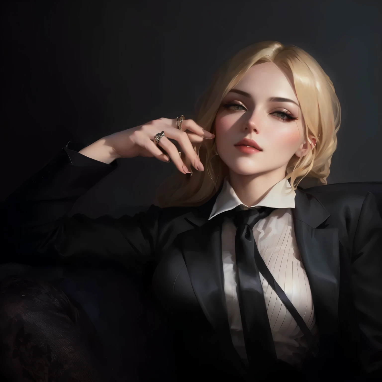 Blonde Frau im schwarzen Anzug und Krawatte sitzt auf einem Sofa, digitale Kunst eines eleganten, elegante Dame, Hochwertiges Porträt, Inspiriert von Yanjun Cheng, im Bowater-Art-Stil, Kunstwerk im Guweiz-Stil, realistischer Kunststil, fanart best art station, episches und elegantes Porträt, Charakterkunstporträt, elegante digitale Malerei