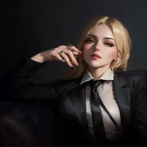 Blonde woman in black suit and tie sitting on a sofa, digital art of an elegant, madonna  elegante, retrato de alta calidad, ins...