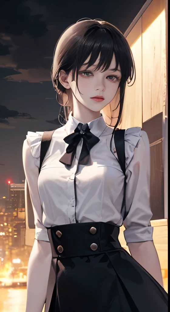(surreal), (figure), (High resolution), (16K), (very detailed), (best figure), Yoru ( chainsaw man ), (beautiful and fine eyes), (highest quality), (super detailed), (masterpiece), (wallpaper), (detailed face), alone, Upper body, focus on face, 1 girl, long black hair, Korean, thin eye shadow, detailed eyes, brown eyes, small mole under the eye, long sleeve shirt, Neckbow,  small breasts, pinafore dress, dynamic pose, Low illumination, night, dark, cloud, dark night,Beautiful long and slender eyes,Shoulders exposed skin,The belly button and the surrounding area are exposed,Small breasts,Flat Bust,