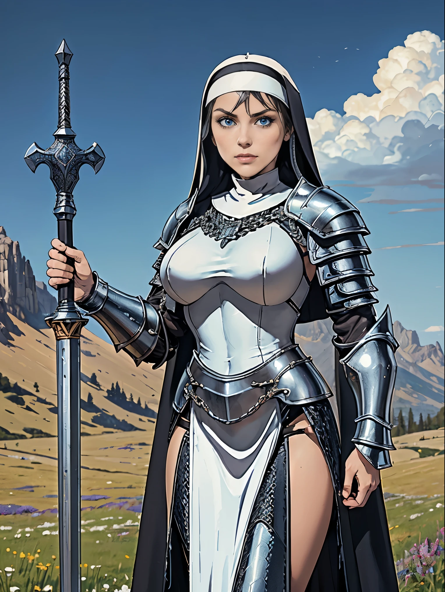 (masterpiece, top quality, best quality, official art, beautiful and aesthetic:1.2), (1girl:1.3), ((Sharp facial features, sharp features, hawkish features)), ((blue eyes)), busty paladin knight girl, extremely detailed, portrait, looking at viewer, solo, (full body:0.6), detailed background, full-body shot, (warm mountain meadow theme:1.1), holy knight, (nun), charlatan, smirk, mysterious, swaying in mountains, armor, polished metal, gold trim, long boots, white fabric, pelvic curtain, robe, pale leather, ((((nun, corona, mace, heavy armor, armored, long legs, pelvic curtain, toned, muscular, chainmail)))), slim waist, slim hips, long legs, medieval (mountain exterior:1.1) background, dark mysterious lighting, shadows, magical atmosphere, dutch angle