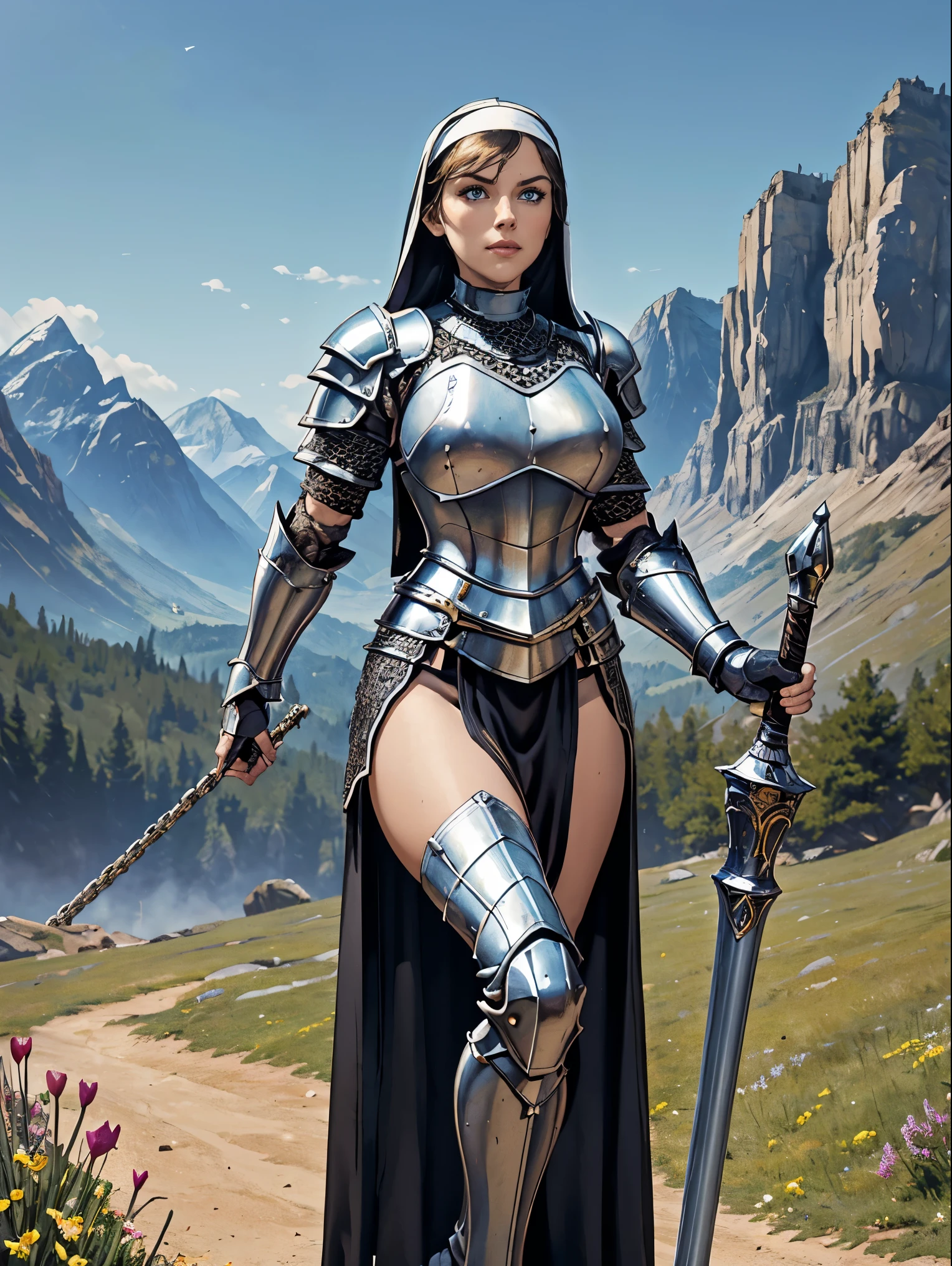 (masterpiece, top quality, best quality, official art, beautiful and aesthetic:1.2), (1girl:1.3), ((Sharp facial features, sharp features, hawkish features)), ((blue eyes)), busty paladin knight girl, extremely detailed, portrait, looking at viewer, solo, (full body:0.6), detailed background, full-body shot, (warm mountain meadow theme:1.1), holy knight, (nun), charlatan, smirk, mysterious, swaying in mountains, armor, polished metal, gold trim, long boots, white fabric, pelvic curtain, robe, pale leather, ((((nun, corona, mace, heavy armor, armored, long legs, pelvic curtain, toned, muscular, chainmail)))), slim waist, slim hips, long legs, medieval (mountain exterior:1.1) background, dark mysterious lighting, shadows, magical atmosphere, dutch angle