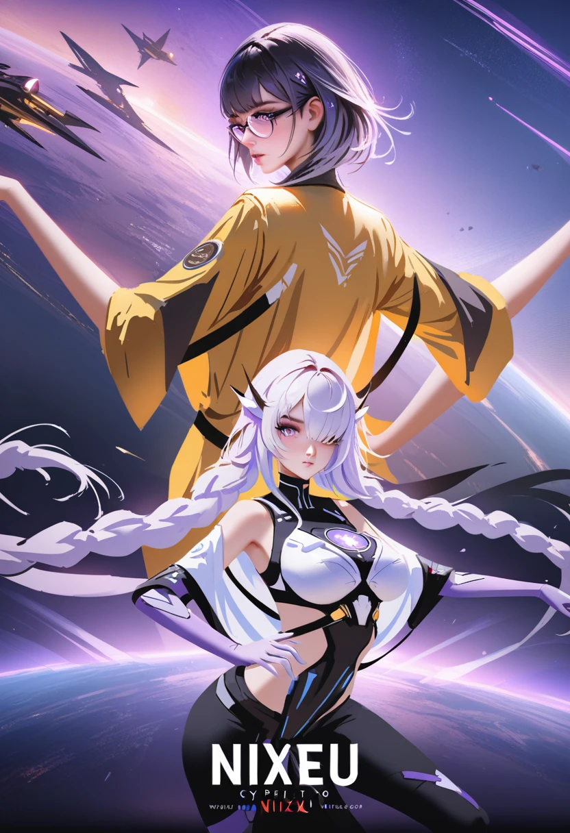 2girl, ((back to back pose)), (cryptic_g, purple eyes long hair, white clothes, braided hair, twintals, silver hair), (kirara, catgirl, black hair, short hair, yellow clothes, hair over one eyes, golden eyes, glasses), dark room, sci-fi, space ship, masterpiece, best quality, amazing quality, very aesthetic, absurdres, intricate details,  epic pose, sci-fi uniform, epic, movie poster, by nixeu, (by wlop:0.3), by rella