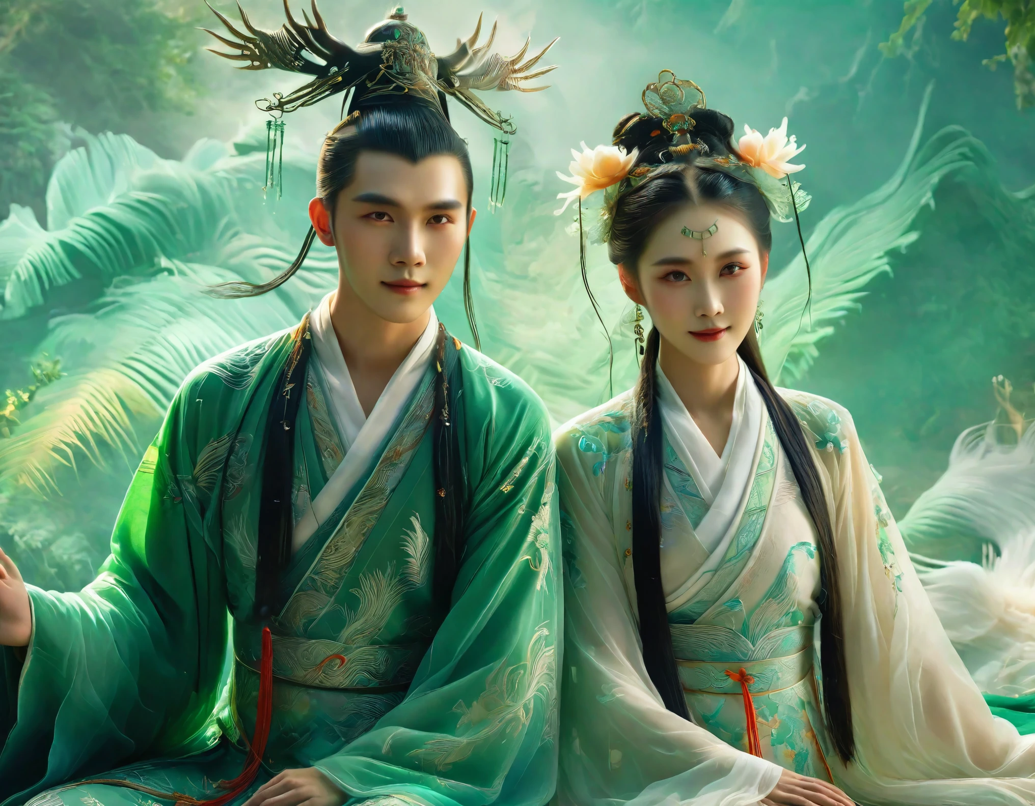 (una pareja),(fantasía tradicional china),(ancient China),(traje de época),(Retrato), (colores brillantes y vivos),(iluminación suave),(patrones intrincados detallados en la ropa), (fondo verde exuberante),(ambiente romantico),(pose elegante),(sonrisas suaves),(facciones delicadas),(elementos magicos),(ambiente místico)