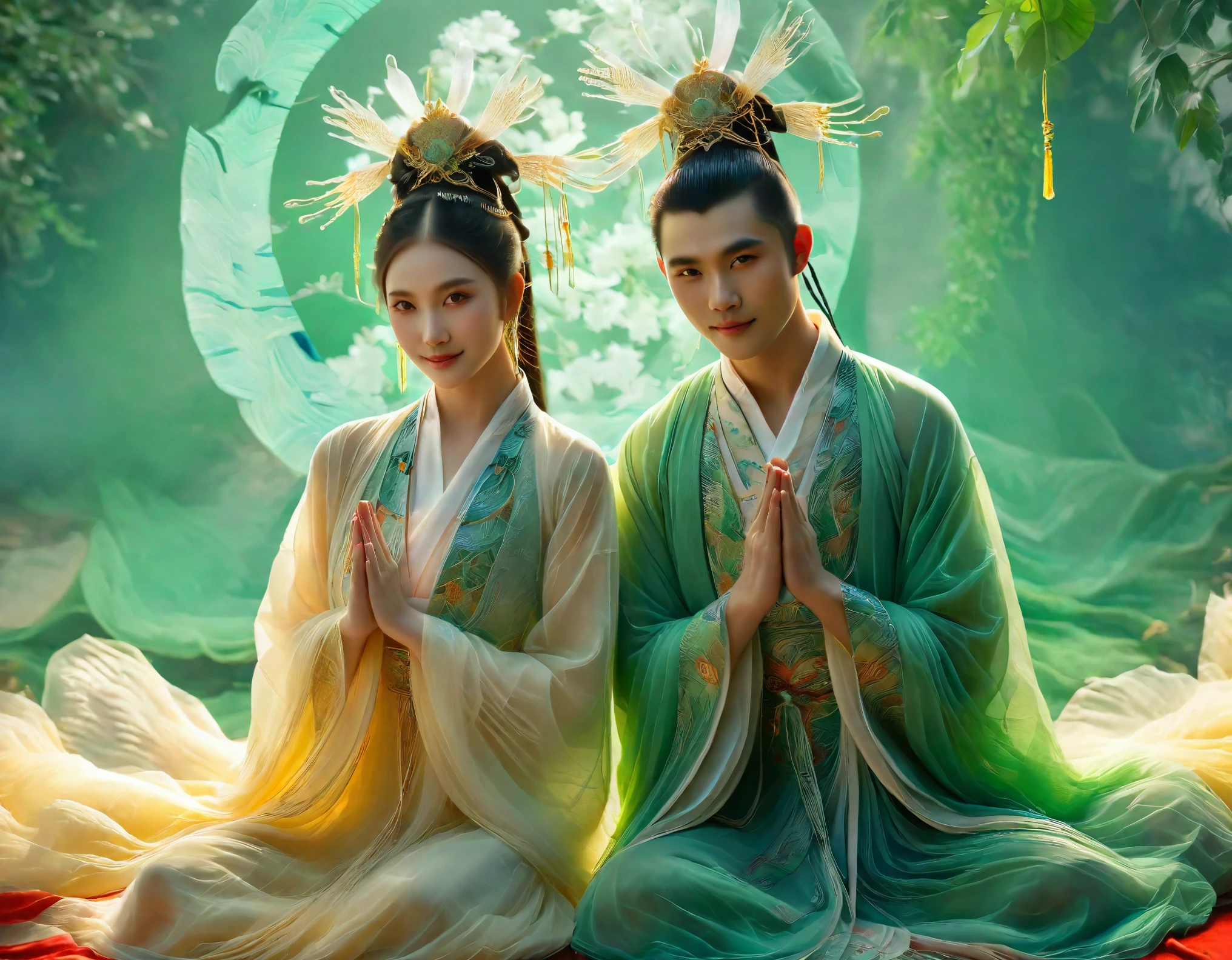 (um casal),(fantasia tradicional chinesa),(China antiga),(traje de época),(Retrato), (cores brilhantes e vivas),(iluminação suave),(padrões intrincados detalhados em roupas), (fundo verde exuberante),(atmosfera romântica),(pose graciosa),(sorrisos gentis),(características delicadas),(elementos mágicos),(ambiente místico)