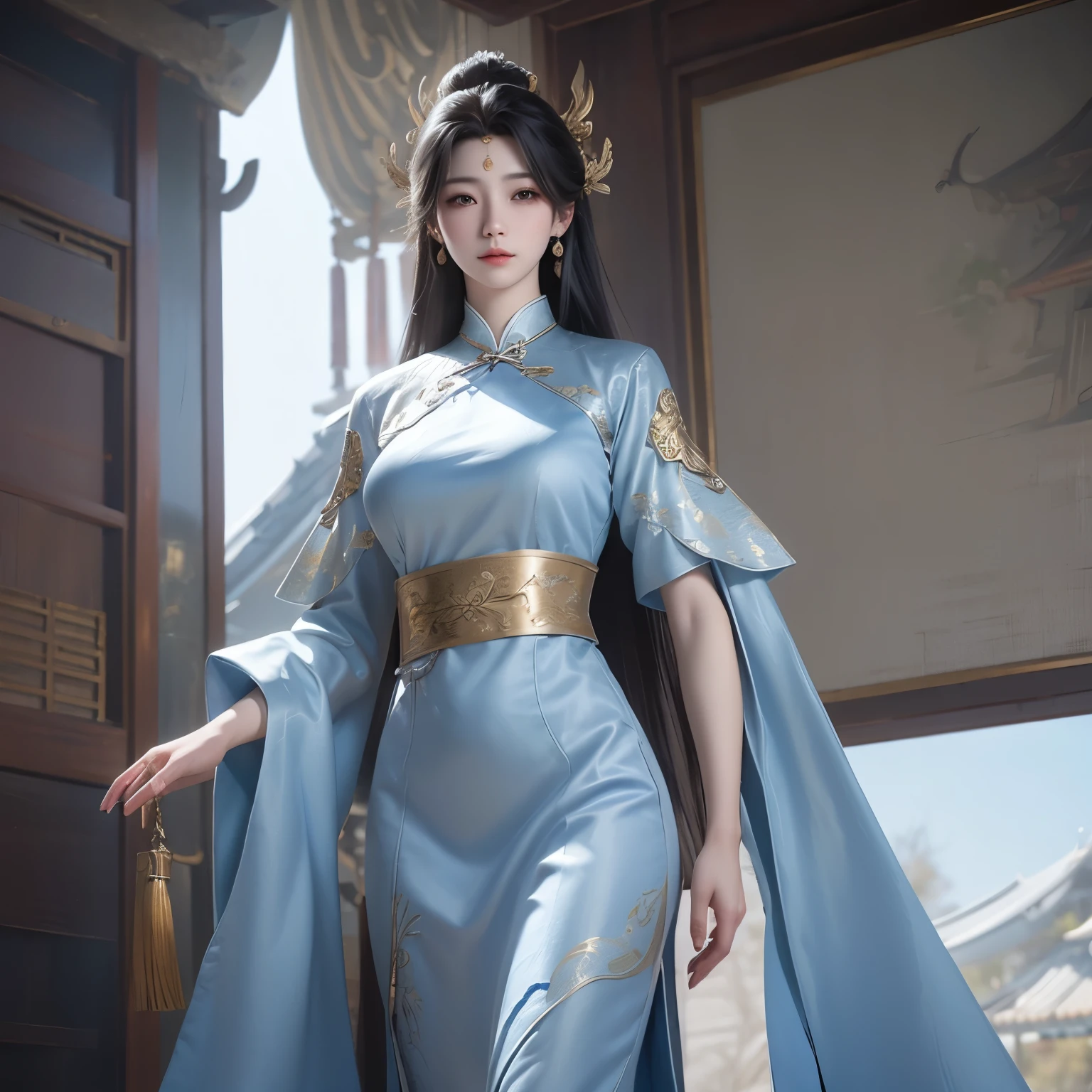 ((Cha Hae Lin/nivelación en solitario)), ((Tema de batalla a través del cielo))(Realista, photo-Realista:1.4), (1 mujer), pecho grande, vistiendo un cheongsam coreano azul claro, mano en las caderas.