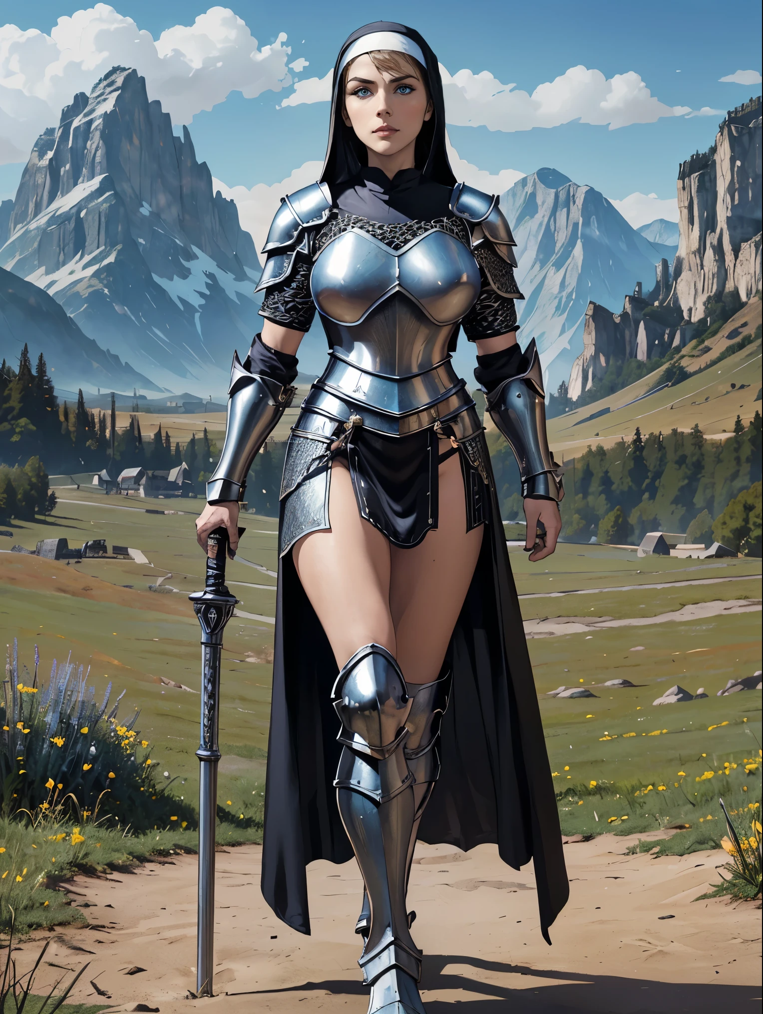 (masterpiece, top quality, best quality, official art, beautiful and aesthetic:1.2), (1girl:1.3), ((Sharp facial features, sharp features, hawkish features)), ((blue eyes)), busty paladin knight girl, extremely detailed, portrait, looking at viewer, solo, (full body:0.6), detailed background, full-body shot, (warm mountain meadow theme:1.1), holy knight, (nun), charlatan, smirk, mysterious, swaying in mountains, armor, polished metal, gold trim, long boots, white fabric, pelvic curtain, robe, pale leather, ((((nun, holy aura, corona, mace, heavy armor, armored, long legs, pelvic curtain, toned, muscular, chainmail)))), slim waist, slim hips, long legs, medieval (mountain exterior:1.1) background, dark mysterious lighting, shadows, magical atmosphere, dutch angle