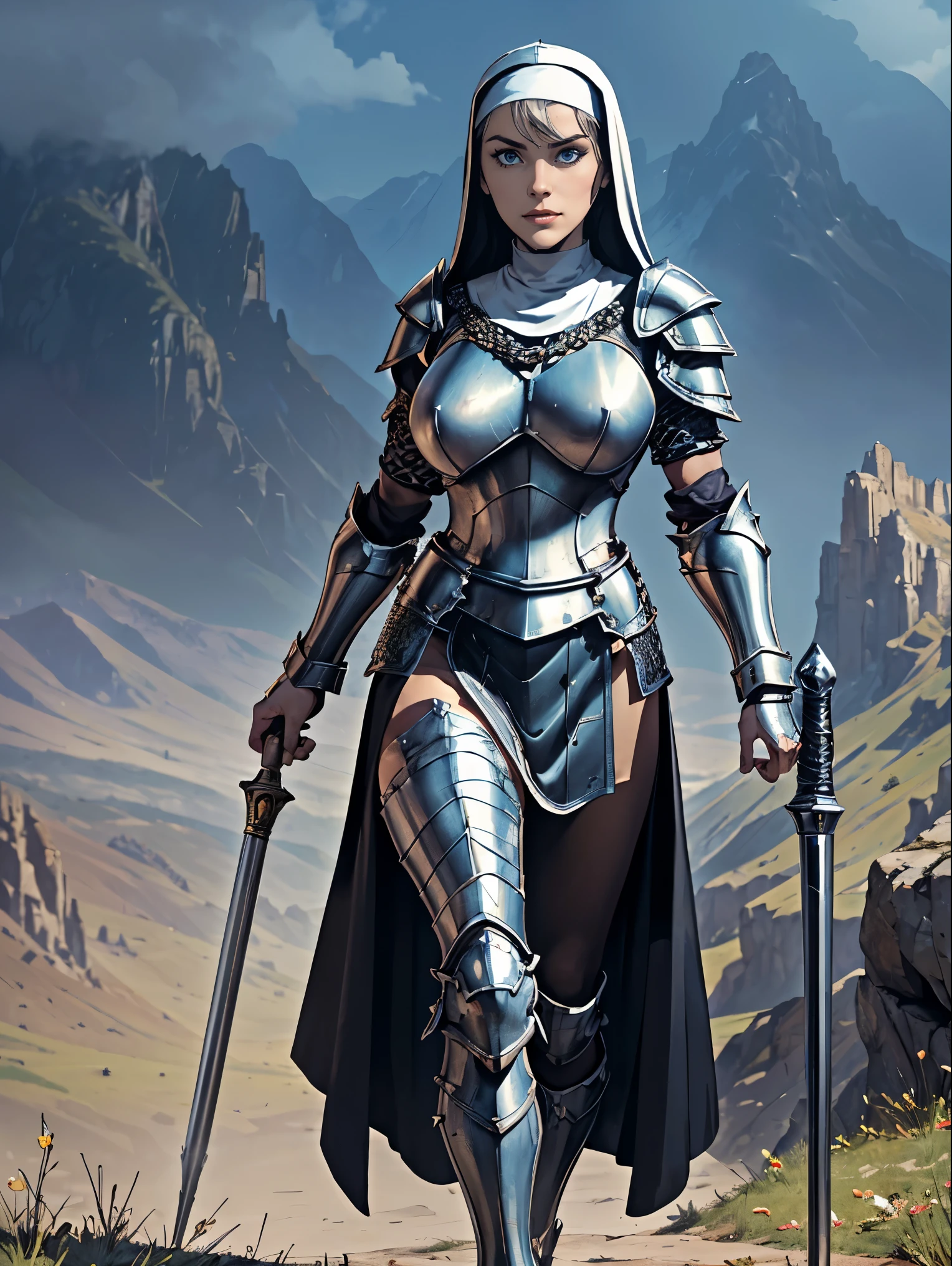 (masterpiece, top quality, best quality, official art, beautiful and aesthetic:1.2), (1girl:1.3), ((Sharp facial features, sharp features, hawkish features)), ((blue eyes)), busty paladin knight girl, extremely detailed, portrait, looking at viewer, solo, (full body:0.6), detailed background, full-body shot, (warm mountain meadow theme:1.1), holy knight, (nun), charlatan, smirk, mysterious, swaying in mountains, armor, polished metal, gold trim, long boots, white fabric, pelvic curtain, robe, pale leather, ((((nun, holy aura, corona, mace, heavy armor, armored, long legs, pelvic curtain, toned, muscular, chainmail)))), slim waist, slim hips, long legs, medieval (mountain exterior:1.1) background, dark mysterious lighting, shadows, magical atmosphere, dutch angle