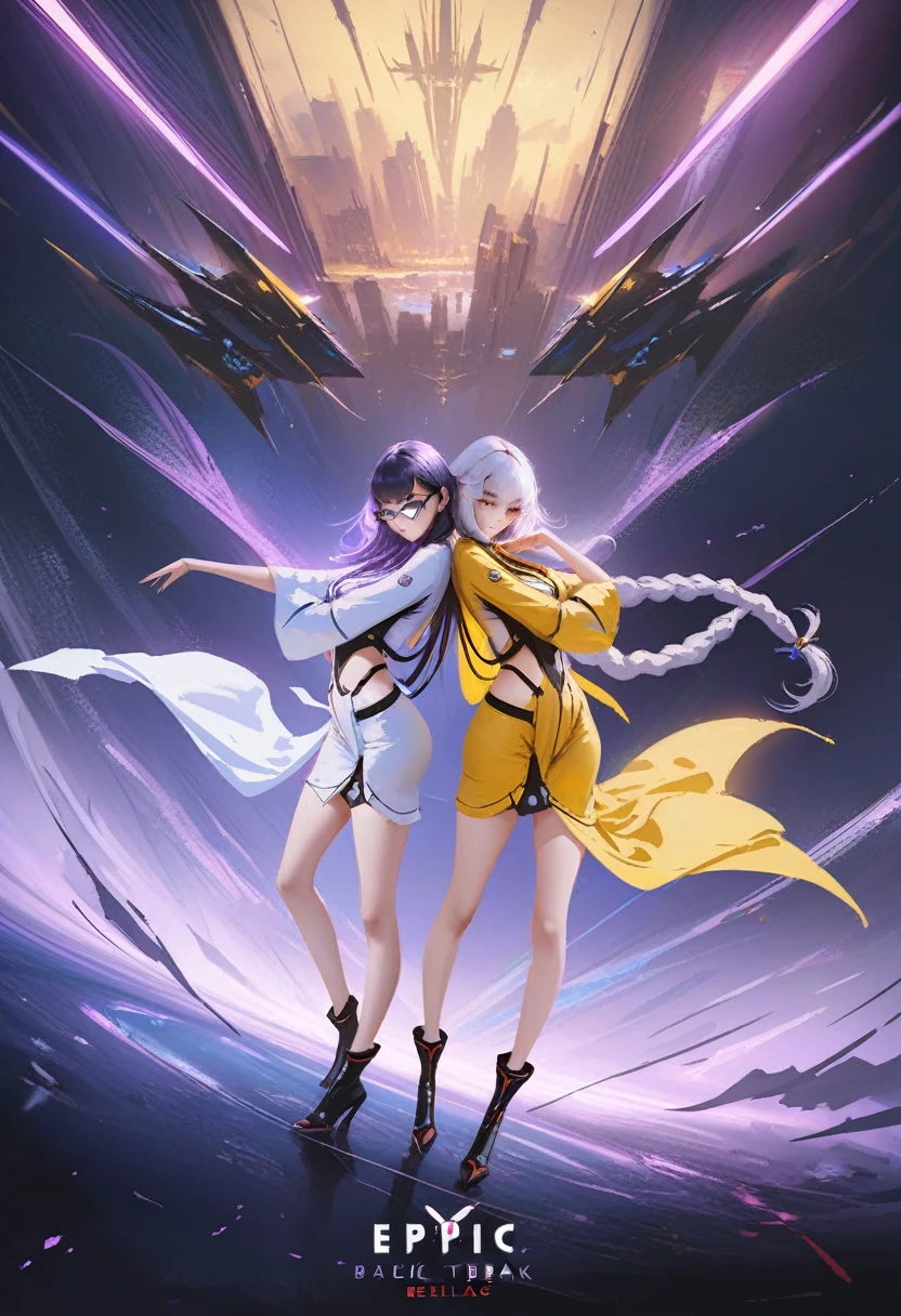 2girl, ((back to back pose)), (cryptic_g, full body, purple eyes long hair, white clothes, braided hair, twintals, silver hair), (kirara, catgirl, black hair, short hair, yellow clothes, golden eyes, glasses), dark room, sci-fi, space ship, masterpiece, best quality, amazing quality, very aesthetic, absurdres, intricate details,  epic pose, sci-fi uniform, epic, movie poster, (by nixeu:0.2), (by wlop:0.3), by rella