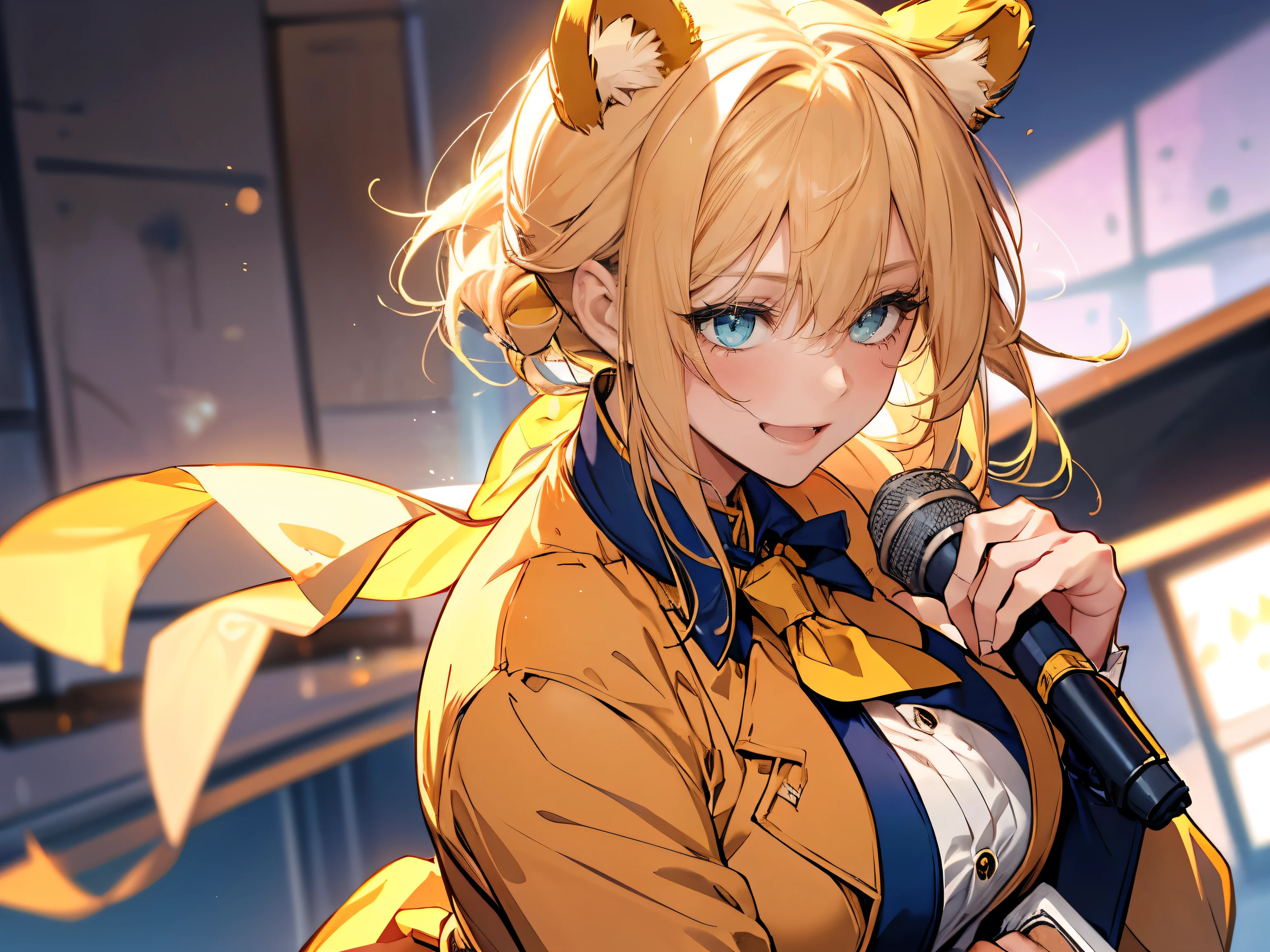 1female, teacher, wearing a yellow suit, yellow tie, bootyshorts, Thicc, large breast, yellow hair, short hair, yellow bear ears, glowing blue eyes, face to detail, detailed eyes, the background is a bright pizzaria, holding an microphone, laughing, Close up. 