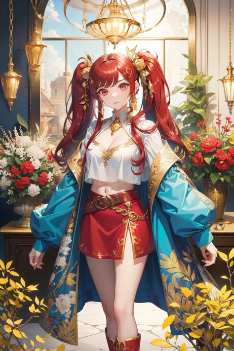 eleonora viltaria, red eyes, red hair, long hair, bangs, twin tails, hair ornaments, blue crop top, cleavage, golden decoration,...