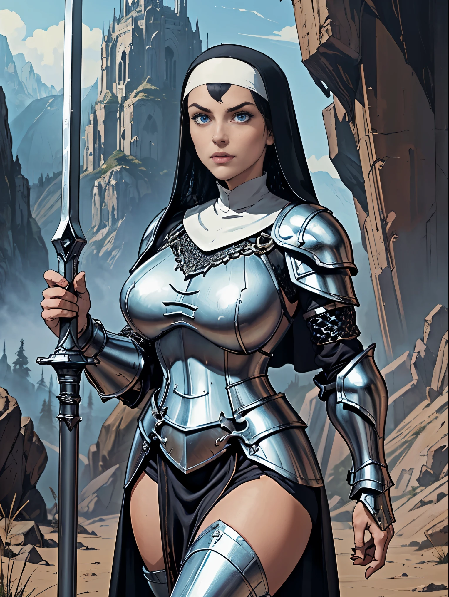 (masterpiece, top quality, best quality, official art, beautiful and aesthetic:1.2), (1girl:1.3), ((Sharp facial features, sharp features, hawkish features)), ((blue eyes)), busty brunette paladin knight girl, extremely detailed, portrait, looking at viewer, solo, (full body:0.6), detailed background, full-body shot, (warm mountain meadow theme:1.1), holy knight, (nun), charlatan, smirk, mysterious, swaying in mountains, armor, polished metal, gold trim, long boots, white fabric, pelvic curtain, robe, pale leather, ((((nun, corona, holy aura, mace, heavy armor, armored, long legs, pelvic curtain, toned, muscular, chainmail)))), slim waist, slim hips, long legs, medieval (mountain exterior:1.1) background, dark mysterious lighting, shadows, magical atmosphere, dutch angle