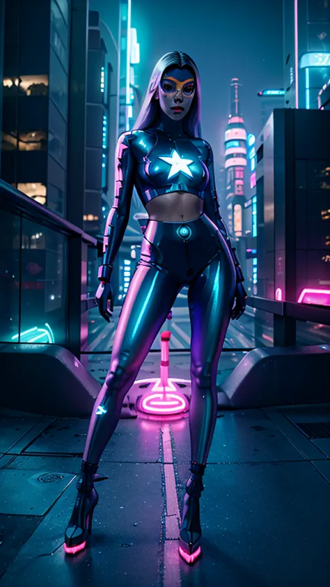 futuristic woman wearing a sleek silver jumpsuit embedded with light-up circuitry, standing confidently with her hands on her hi...