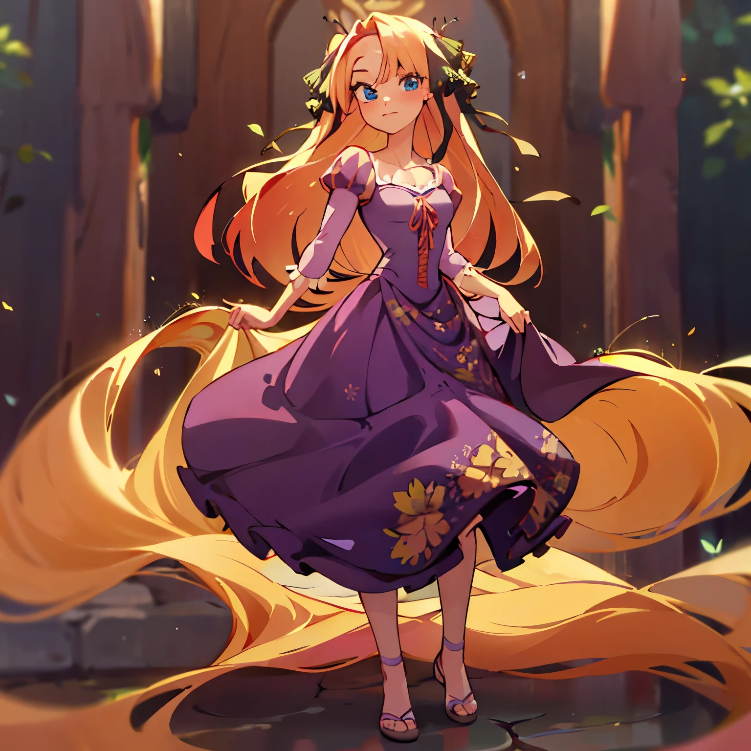 Fusão entre Rapunzel da Disney e Nino Nakano, boa fusão, Excelente design de personagens, obra de arte, 4K, anatomia perfeita, Rosto Perfeito, olhos perfeitos, 1 garota, Sozinho, corpo todo, Itsuki Nakano vestindo o vestido da Rapunzel, cabelo longo loiro rosa, cabelo loiro, cabelos extremamente longos, laços de cabelo de borboleta, olhos azuis, vestido rapunzel roxo