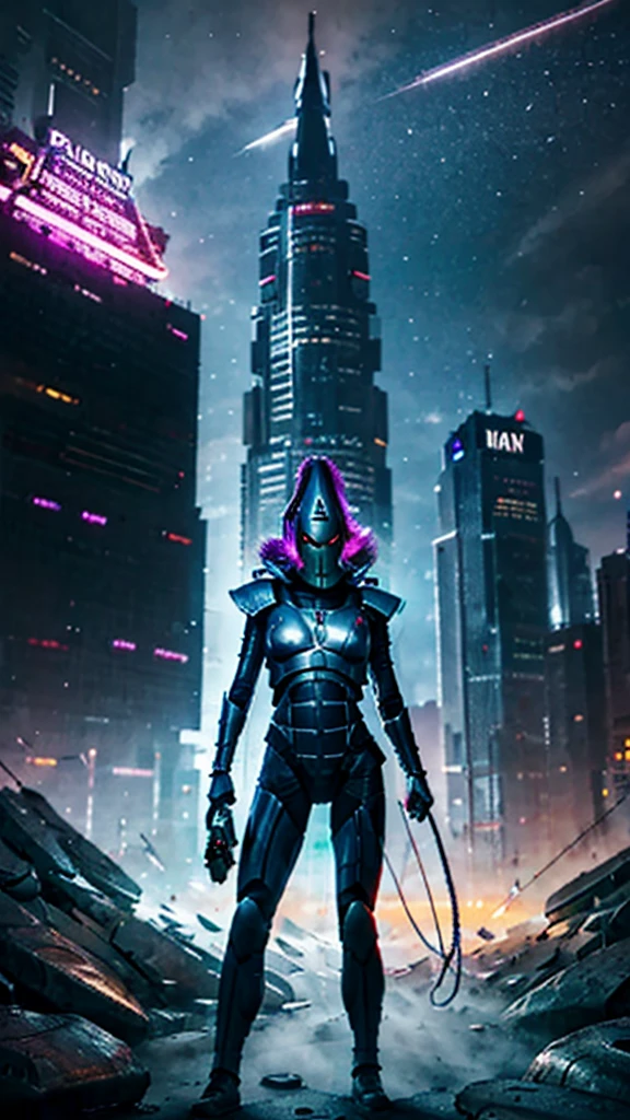 Aeldari futurista vestindo um elegante macacão prateado com circuitos iluminados, em pé com confiança, com as mãos nos quadris, em frente a uma paisagem urbana cyberpunk, sinais de néon piscando, hologramas flutuando, céu crepuscular acima, urbano e de alta tecnologia, pintura digital, Muito limpo, 8K, cinematic.
