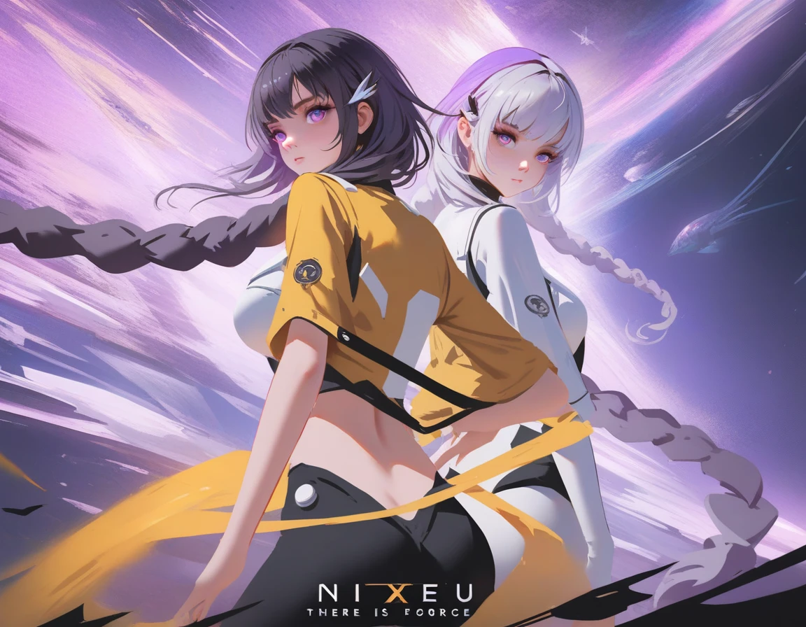 (there is text that say : CRYPTIC FORCE), 2girl, ((back to back pose)), (cryptic_g, purple eyes long hair, white clothes, long twintails, long braided hair, twintails, silver hair), (kirara, catgirl, black hair, short hair, yellow clothes, golden eyes,), dark room, sci-fi, space ship, masterpiece, best quality, amazing quality, very aesthetic, absurdres, intricate details,  epic pose, sci-fi uniform, epic, movie poster, by nixeu, (by wlop:0.3)