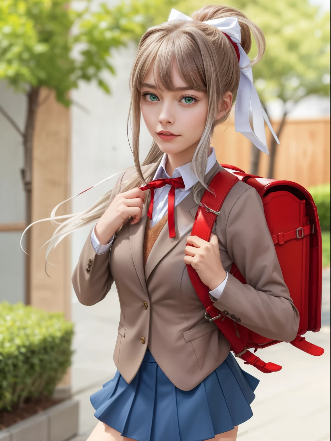  masterpiece, best quality, realistic, highly detailed, 1girl, solo, monika, green eyes, brown hair,very long hair, ponytail,white hair ribbon , blazer, brown sweater, collared shirt, neck ribbon, blue skirt, wearing red backpack, (red backpack:1.1),  standing, outdoor, day