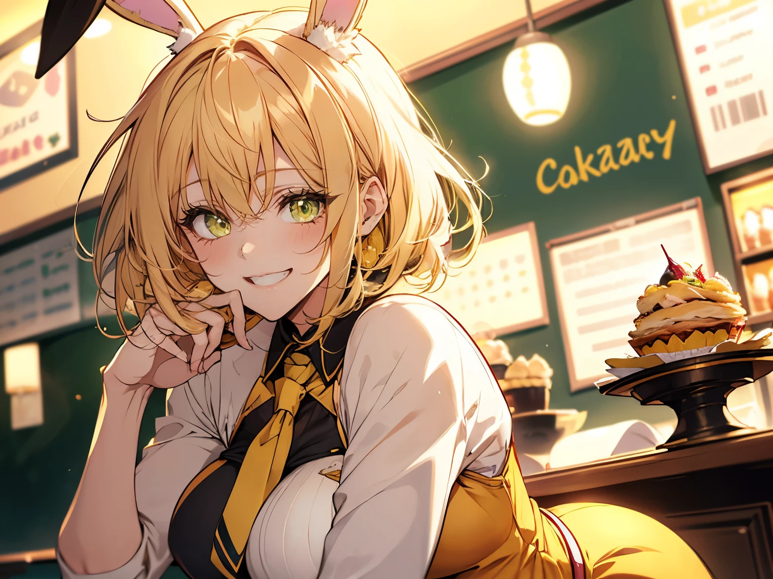 1female, teacher, wearing a yellow suit, yellow tie, bootyshorts, Thicc, large breast, yellow hair, short hair, yellow bunny ears, glowing green eyes, face to detail, detailed eyes, the background is a bright pizzaria, holding an yellow cupcake, laughing, Close up. 