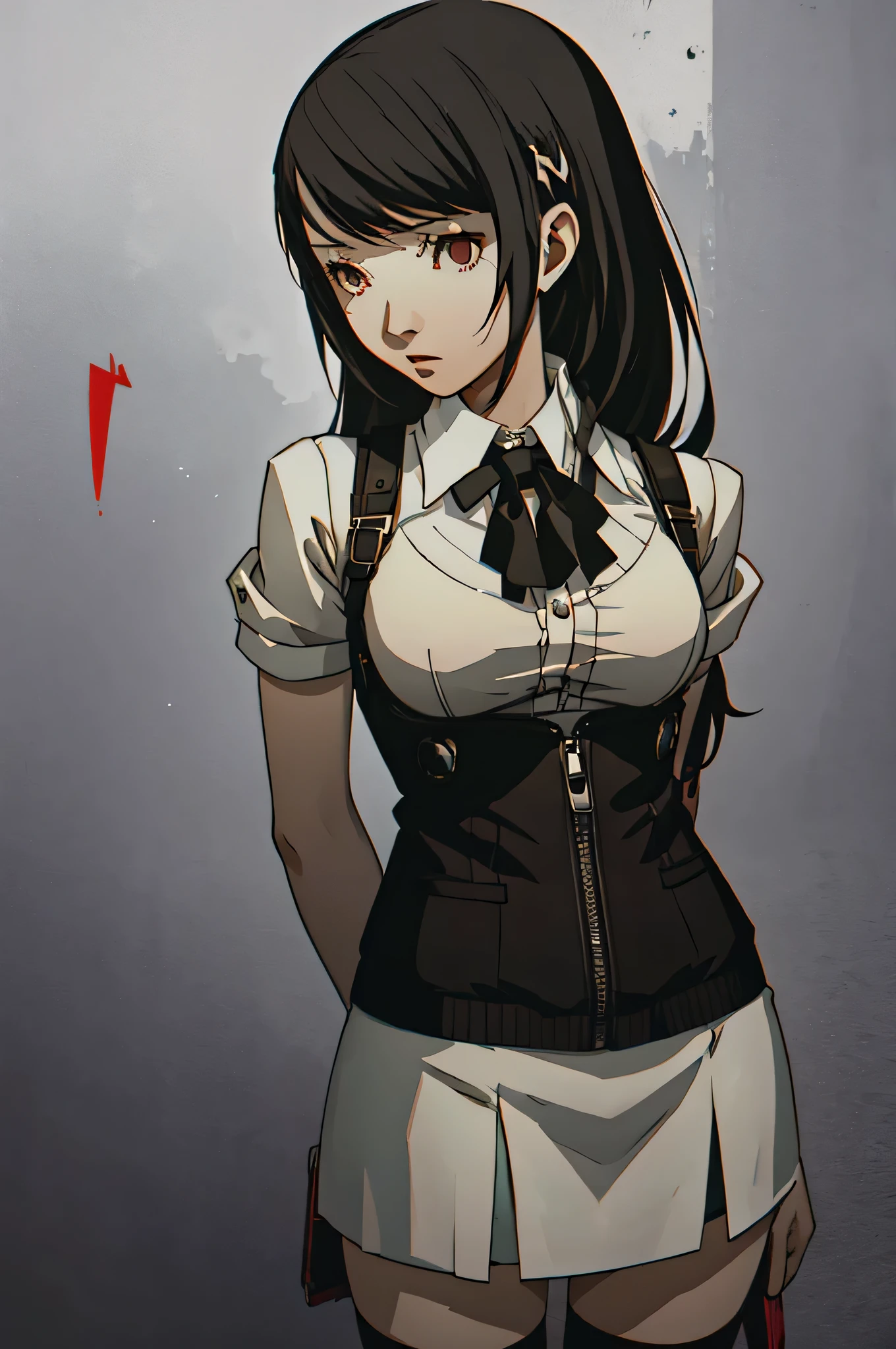 Anime girl with long black hair and white shirt and black suspender -  SeaArt AI