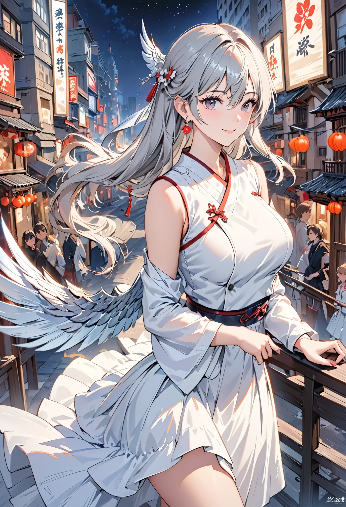 (Realistic Painting Style:0.9),Masterpiece,Best Quality,Absurd,Looking at Audience,Alone,blonia zaichk (Silver Wing n-ex),blonia zaichk,Red Pupil,1 Girl,Alone,Breast,long hair,Skirt,Gray Hair,Cleared,Looking at Audience,smile,Closed Mouth,Liuhai,Grey Eyes,Jewelry,single_glove,earrings,white skirt,gloves,bare shoulder,sleeveless skirt,drill hair,sleeveless,single_sleeve,hair between eyes,large breast,double diamond,white sleeve,hair_ornament,shoulder armor,city,night,