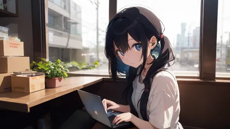 lo-fi music vibes、please draw me a cute anime style illustration。
please draw an illustration of a cute girl wearing earphones.....