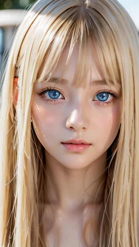 clear shiny skin、13 years old cute sexy little beautiful face、very large and beautiful bright pale sky blue eyes、Very big eyes、S...