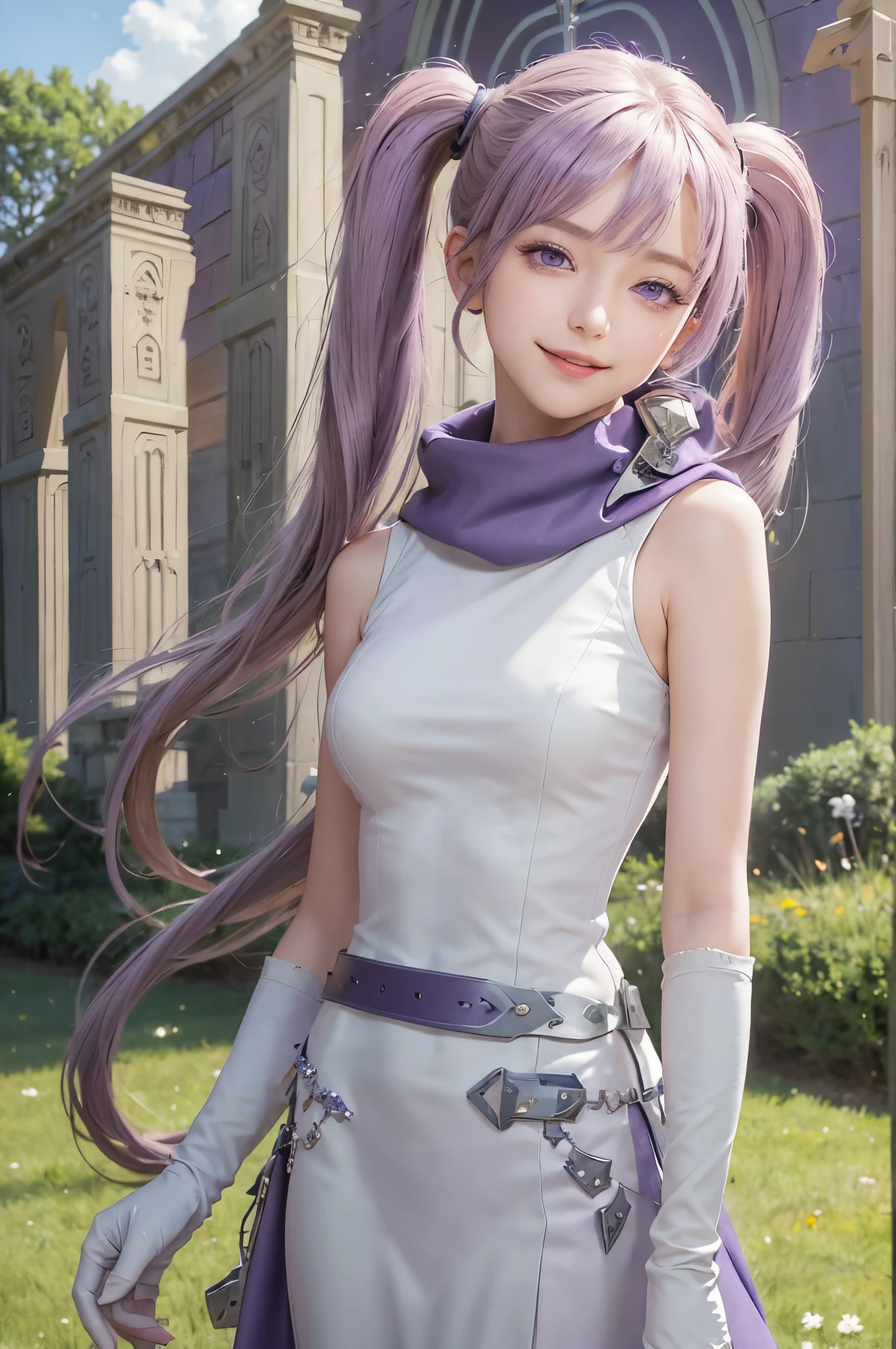 masterpiece, best quality, serra, purple eyes, long white dress, sleeveless, elbow gloves, purple scarf, belt, upper body, field, church exterior, outdoors, sky, smile, smug, looking at viewer, winking, head tilt 