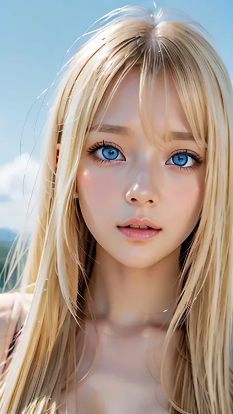 clear shiny skin、13 years old cute sexy little beautiful face、very large and beautiful bright pale sky blue eyes、Very big eyes、S...