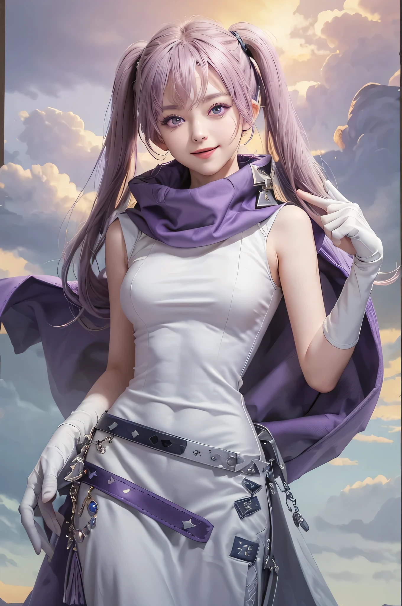 masterpiece, best quality, serra, purple eyes, long white dress, sleeveless, elbow gloves, purple scarf, belt, cowboy shot, furrowed brow, smile, open mouth, looking at viewer, pointing at viewer, sky, clouds, village 