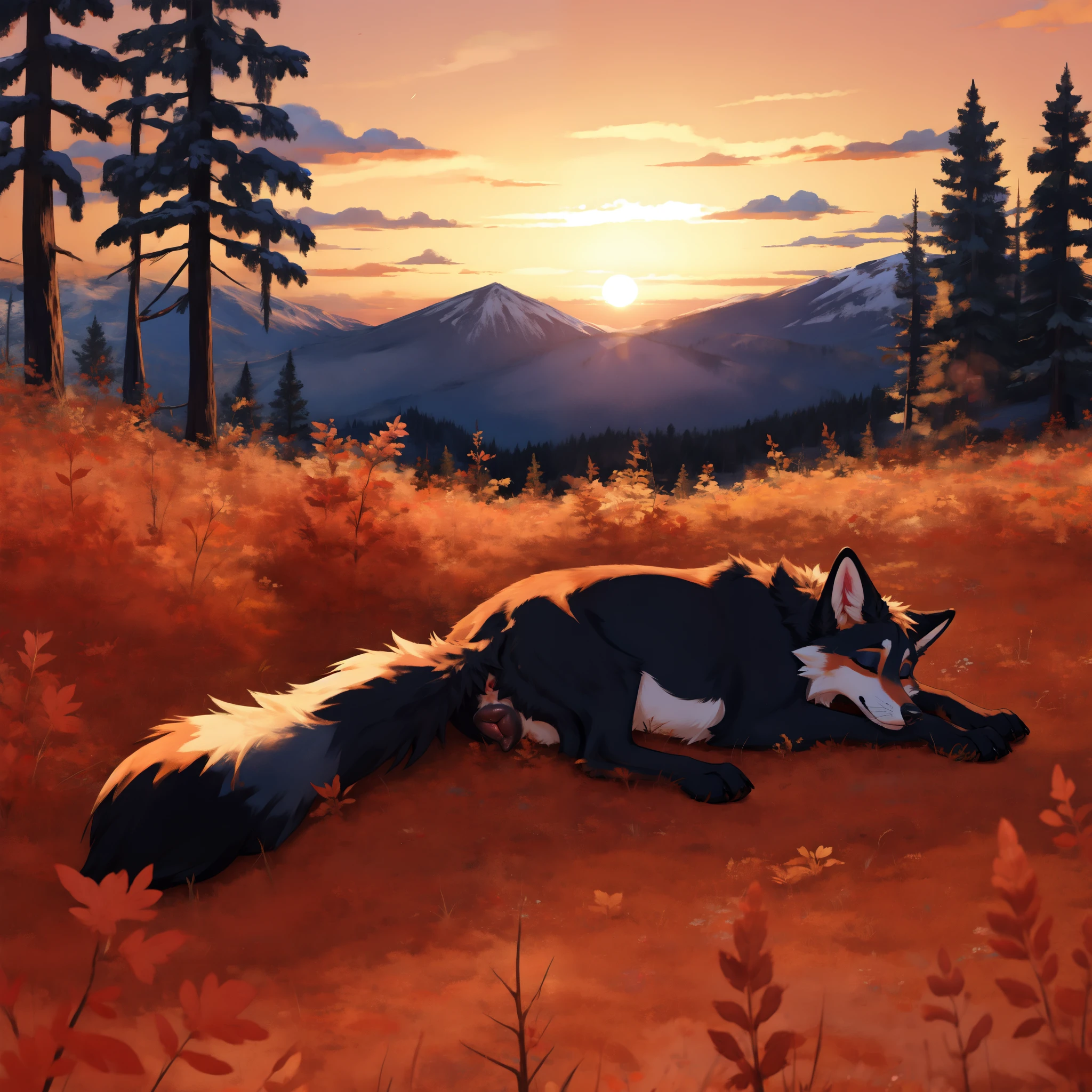 raposa selvagem, fêmea, buceta canina, ânus, dormindo no mato , pôr do sol 