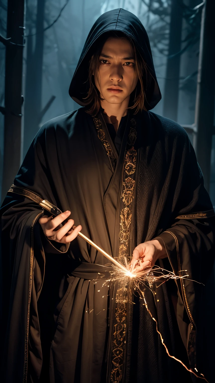 portarit of a wizard, executing a dark spell, dressed in a embroidered layered robe, fiery sparks, darkness, dark fantasy, high detail, 4K