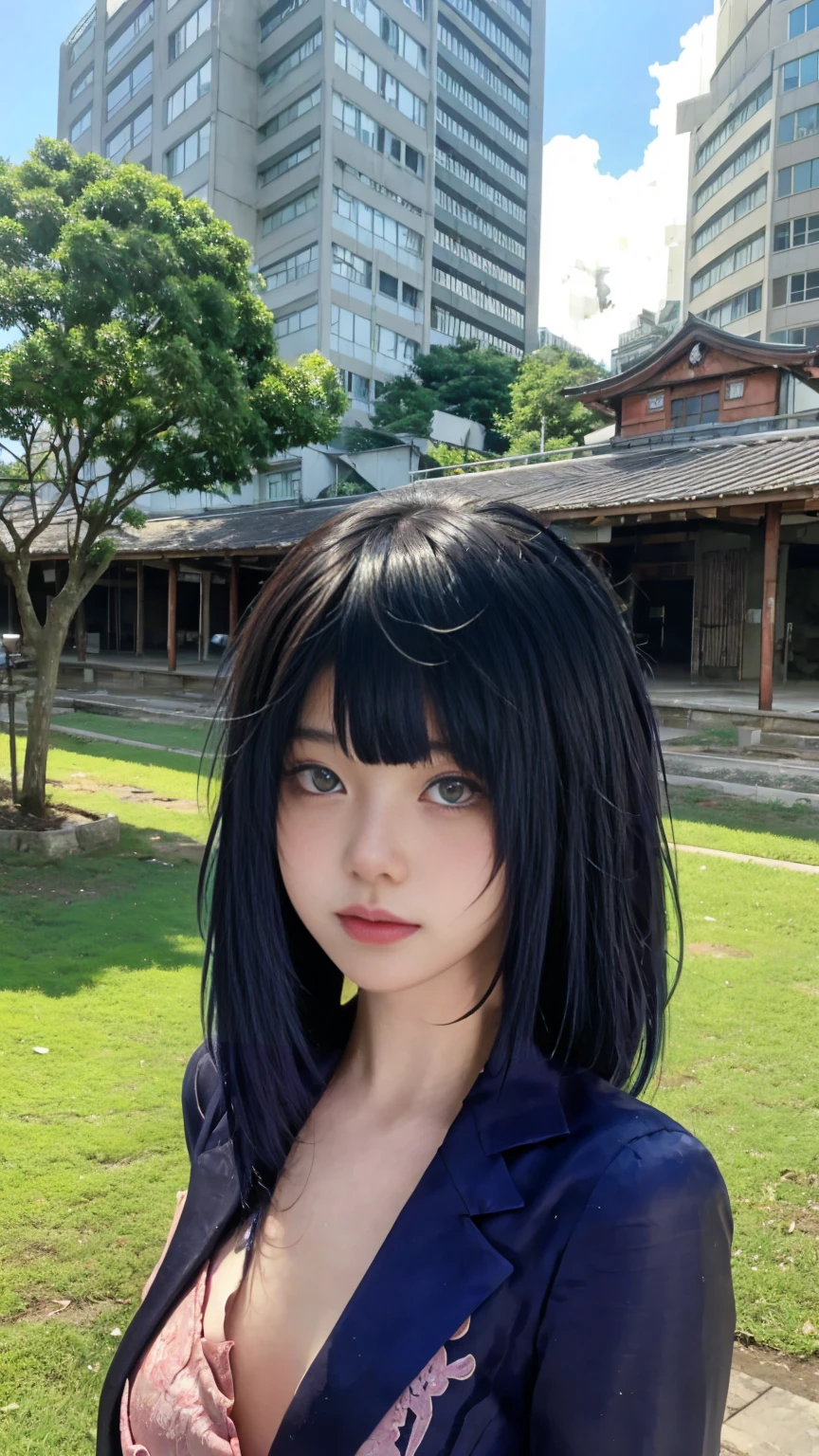 beautiful young Japanese girl, set against a backdrop of a abandon building. Ensure to capture the serene beauty of the natural setting while focusing on the exquisite detail of the subject. blurry background