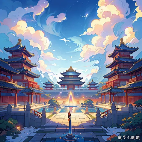 anime scenery of a temple with a fountain and a sky background, by Yang J, by Qu Leilei, anime background, chinese fantasy, anim...