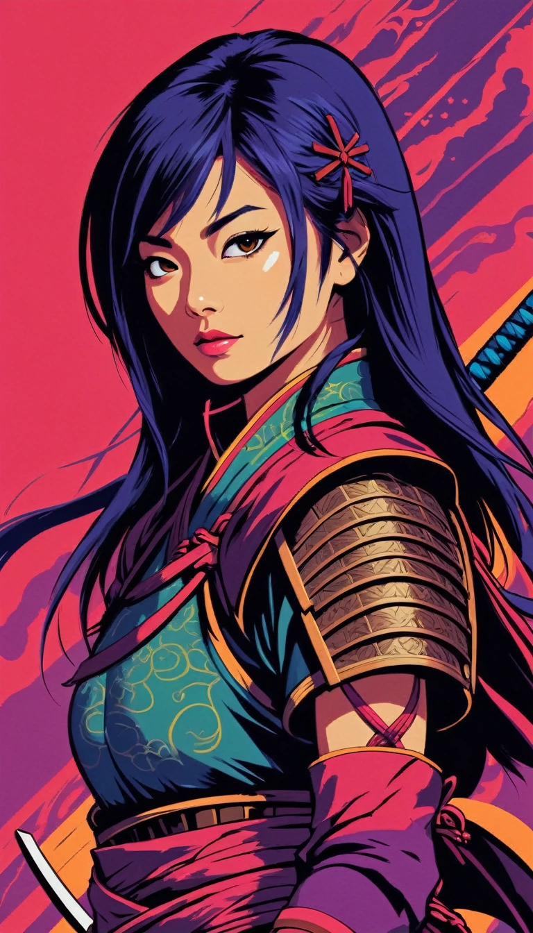 Японская женщина-воин, цифровое произведение искусства, жирные линии, яркий, насыщенные цвета,человеческая роса