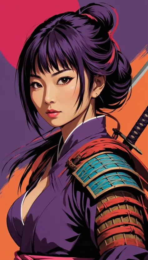 Japanese woman warrior, digital artwork, bold lines, vibrant, saturated colors,wong-kodew