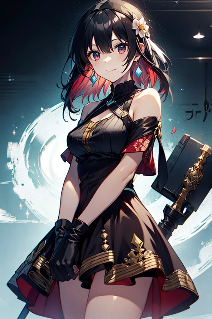yor briar, anime style beutiful woman, 1girl, happy, sexy pause,(with sparkling eyes and a contagious smile:0.9),red face, closed mouth, beautiful detailed eyes, super detailed skin, backlighting, bare shoulders, black background, black dress, black gloves, black hair, breasts, dress, earrings, fingerless gloves, floating hair, floral print, flower, gloves, gold earrings, gold hairband, hair flower, hair ornament, hairband, holding, holding weapon, jewelry, large breasts, long hair, looking at viewer, off-shoulder dress, off shoulder,red eyes, short hair with long locks, sidelocks, solo, spikes, thighs, two-sided dress, two-sided fabric, weapon, fighting stance , face, close up, from above, highest quality, looking at viewer,high resolution.
