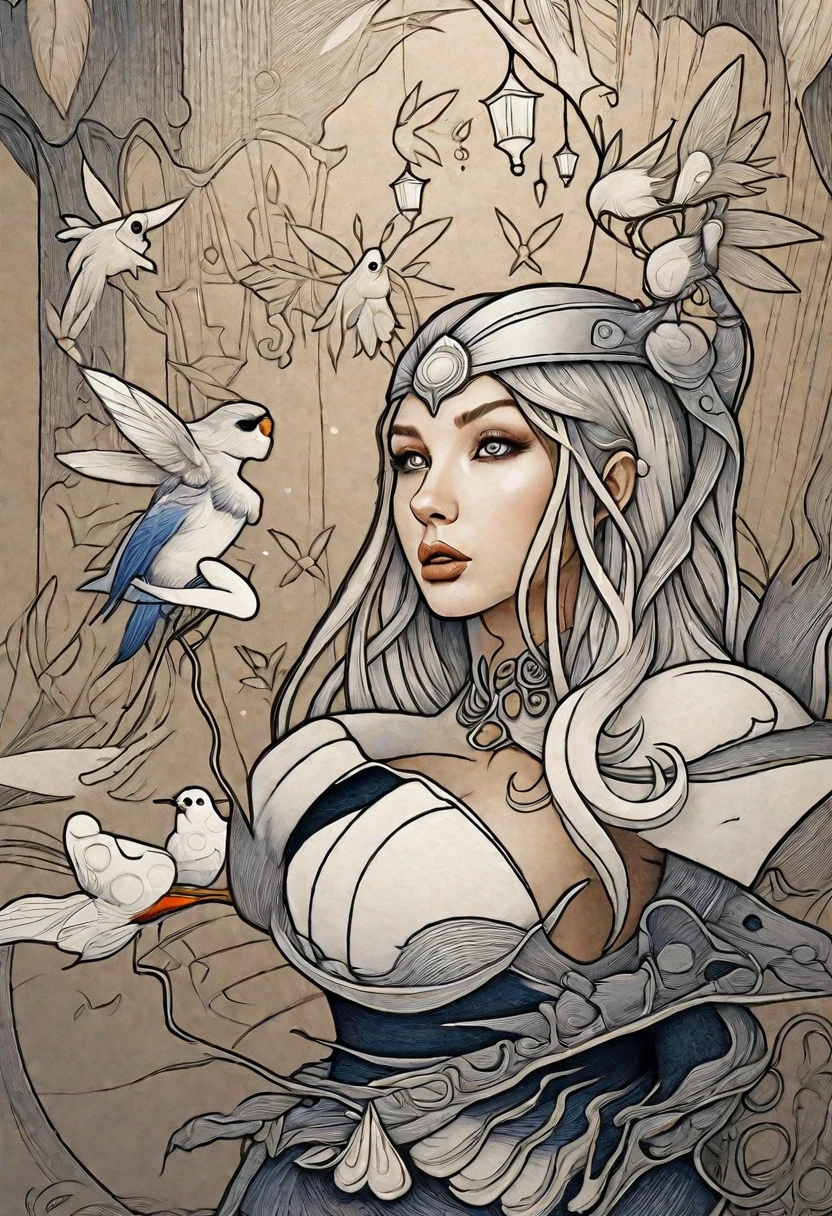 Painting of a woman with a bird on her head, Fantasy Drawing, Fantasy cartoon style, Detailed fantasy illustrations, Line drawing behance hd, Fantasy graphic novel style, Bold line art, Detailed line drawings with beautiful ink, Fantasy coloring, Detailed pencil, Detailed fantasy art, Beautiful line art, Beautiful coloring book pages, Matte Fantasy Portrait, Inspired by Arthur Adams