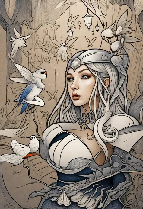 painting of a woman with a bird on her head, fantasy drawing, fantasy cartoon style, detailed fantasy illustrations, line drawin...